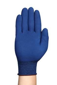 Ansell blå HyFlex 11-819 sikkerhedshandske med ESD og touchscreen funktionalitet. Fri længde 195-255 mm