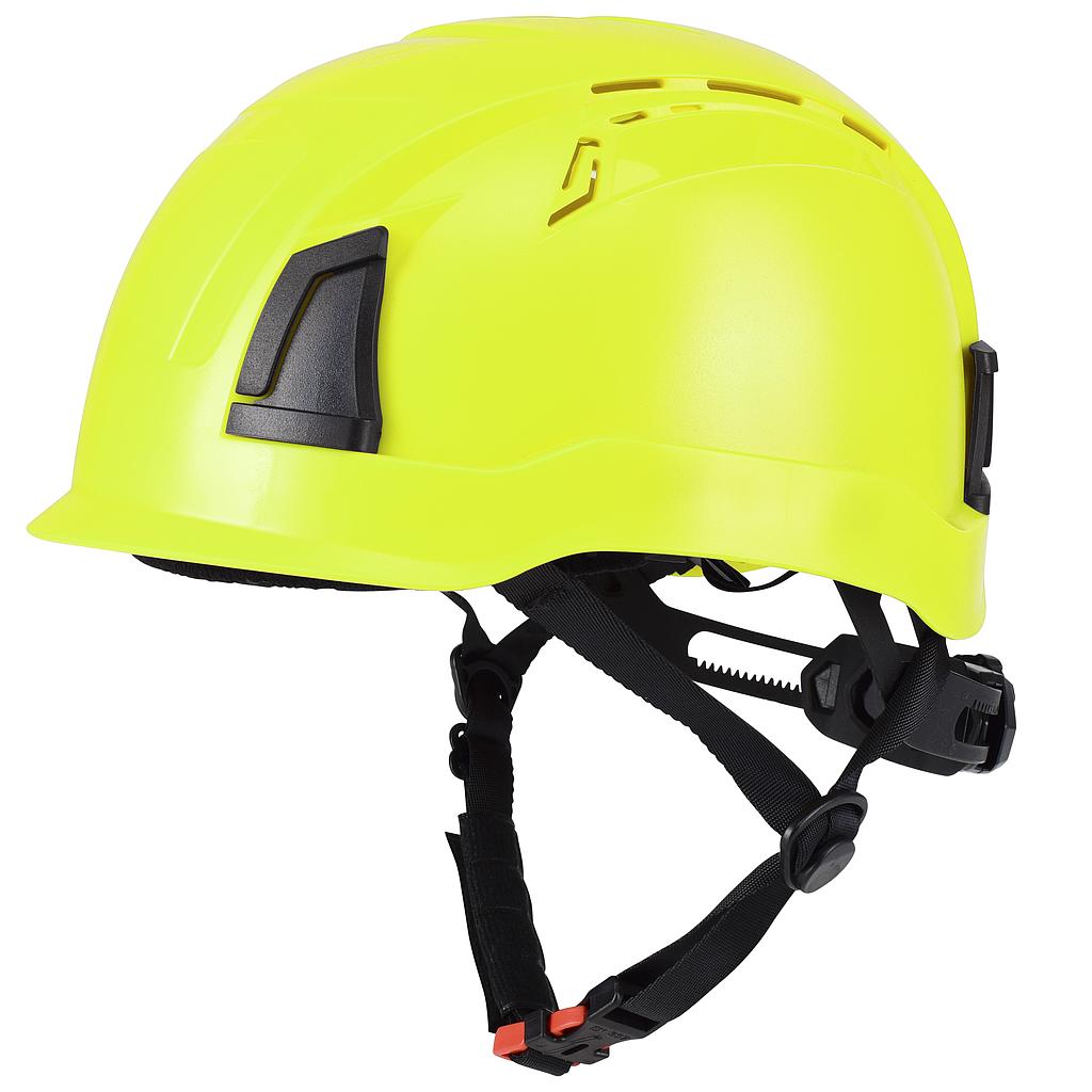 D-Rock Hi-viz fluorescerende sikkerhedshjelm med hagerem, 6 punkt hovedbånd, 300 gram, størrelse 51-62 cm