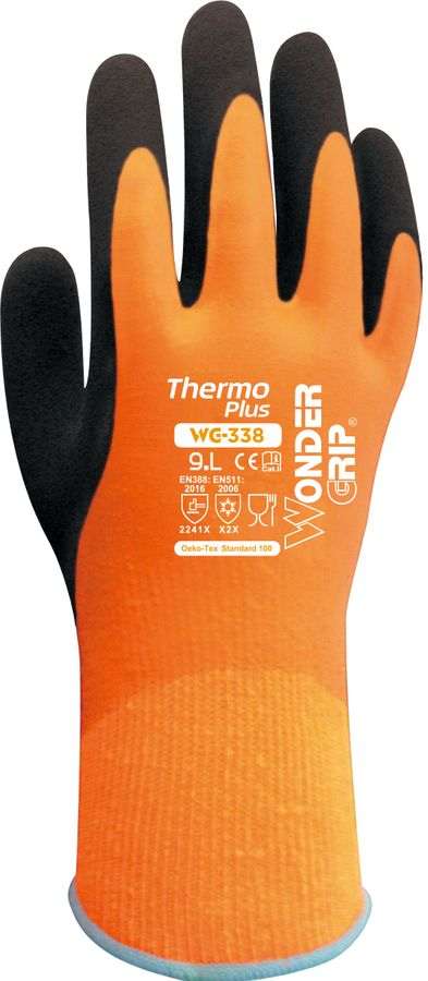 Heldyppet Hi-Viz orange Termo Signal Handske i vandtæt naturgummi på acryl/bomuld for fremragende rug gribeflade. længde 280 mm, Wondergrip WG-338